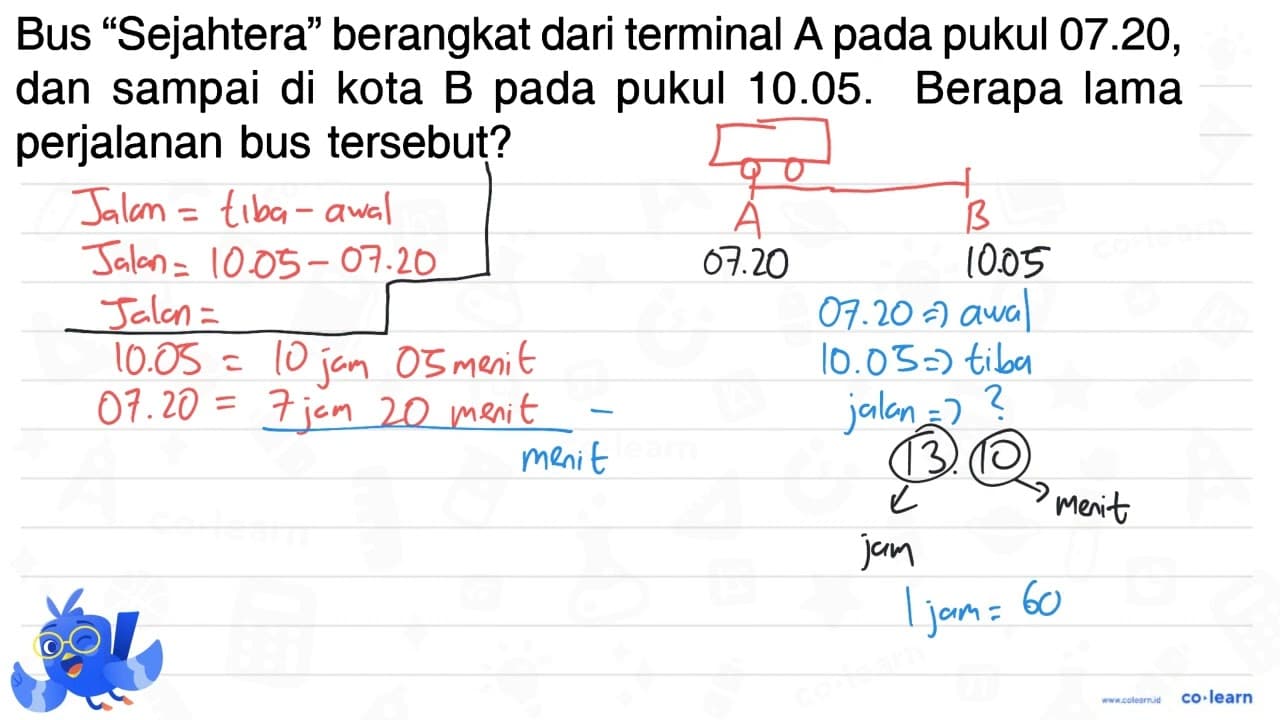 Bus "Sejahtera" berangkat dari terminal A pada pukul 07.20,