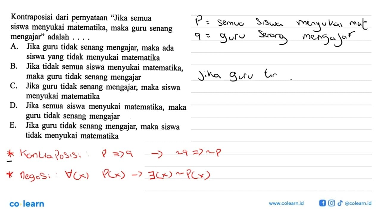 Kontraposisi dari pernyataan 'Jika semua siswa menyukai