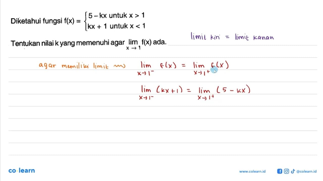 Diketahui fungsi f(x)={5-kx untuk x>1 kx+1 untuk x<1.