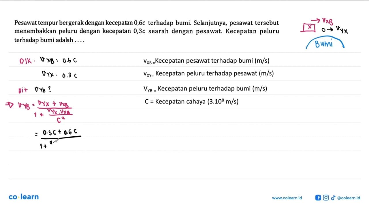 Pesawat tempur bergerak dengan kecepatan 0,6 c terhadap