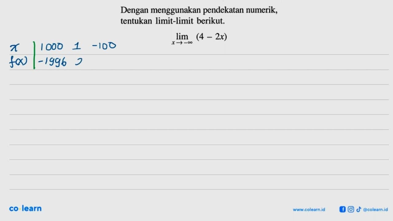 Dengan menggunakan pendekatan numerik, tentukan limit-limit