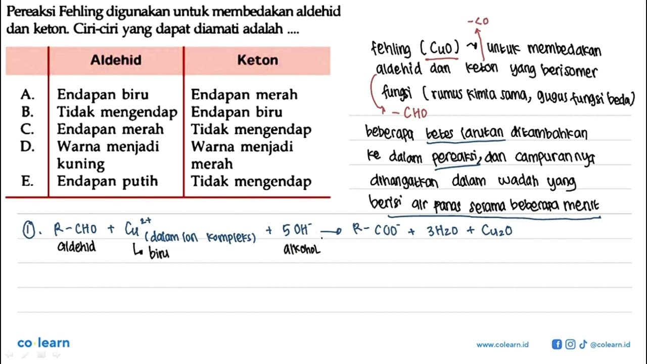 Pereaksi Fehling digunakan untuk membedakan aldehid dan