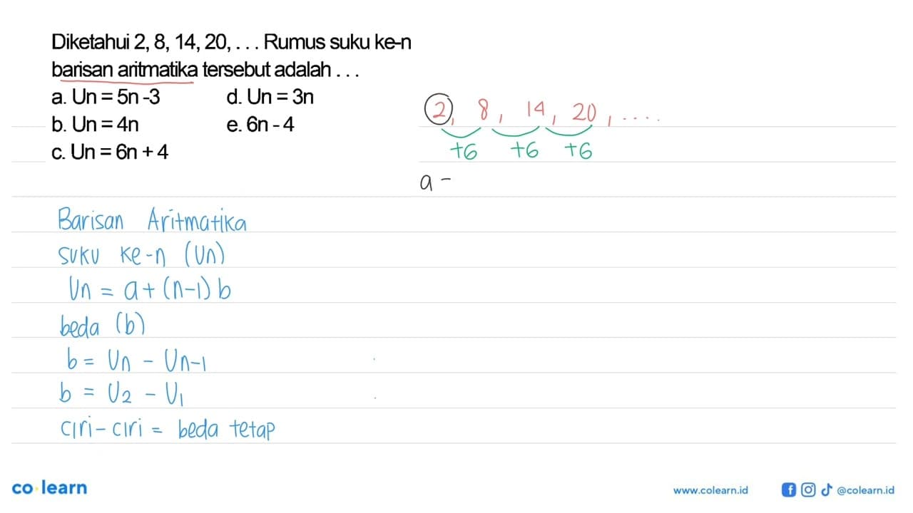 Diketahui 2, 8, 14,20,.... Rumus suku ke-n barisan