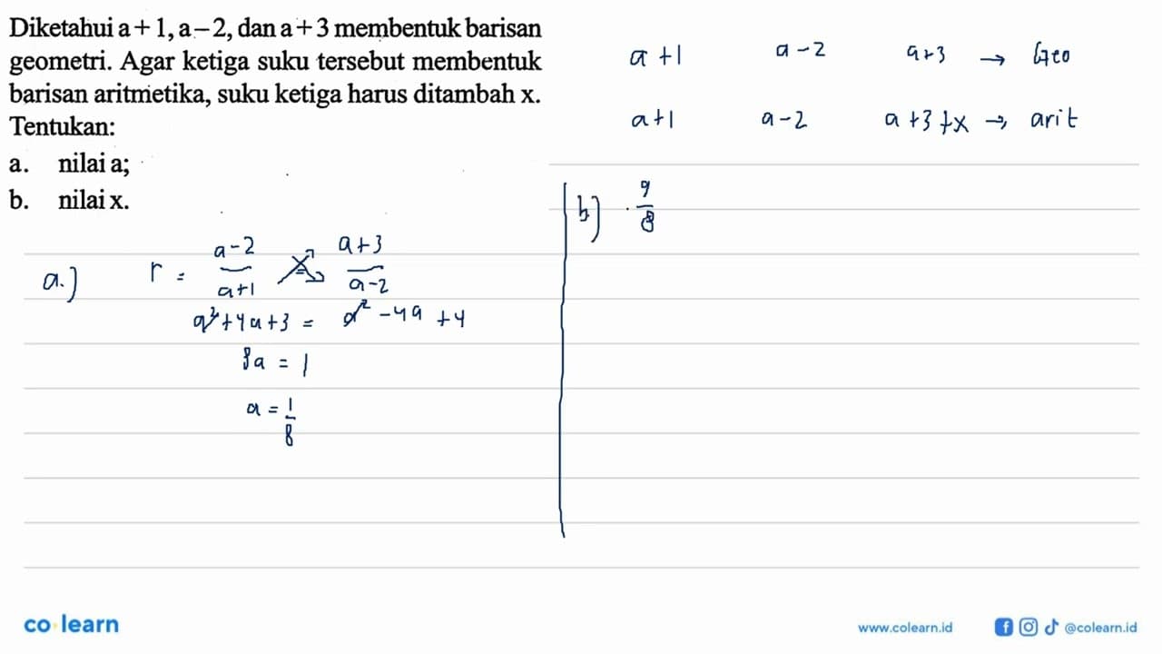 Diketahui a+1, a-2 , dan a+3 membentuk barisan geometri.