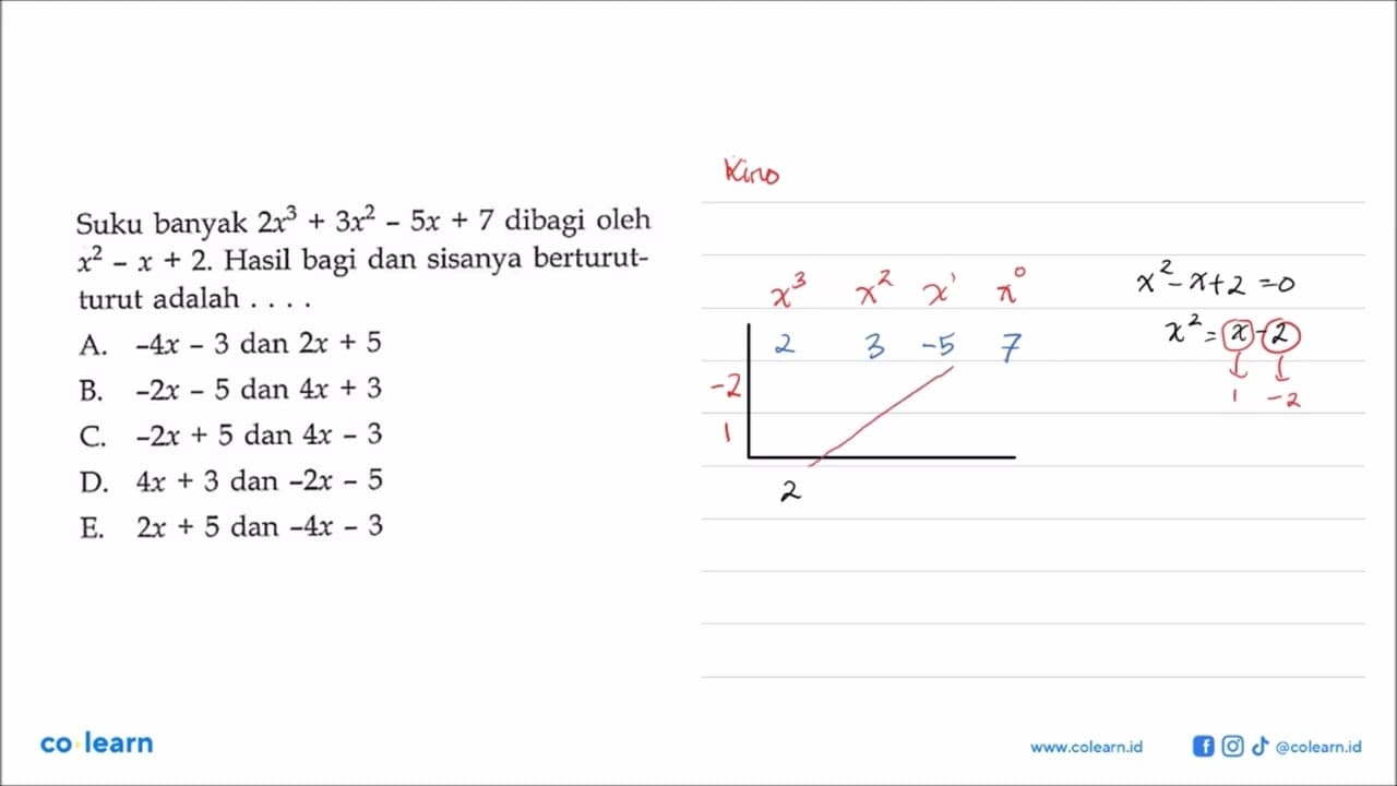 Suku banyak 2x^3+3x^2-5x+7 dibagi oleh x^2-x+2. Hasil bagi