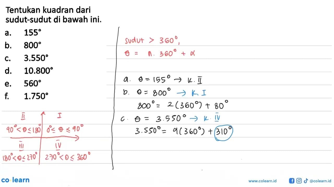 Tentukan kuadran dari sudut-sudut di bawah ini. a. 155 b.