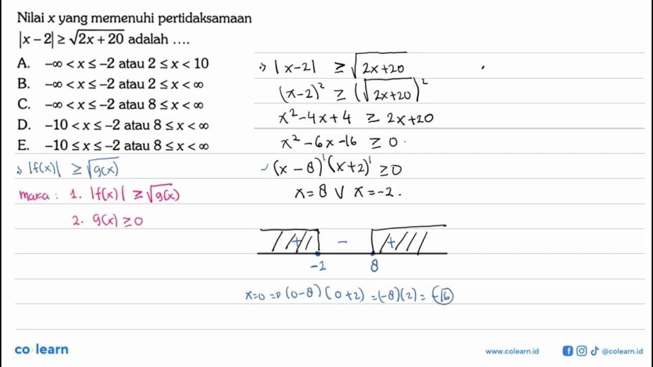 Nilai x yang memenuhi pertidaksamaan |x-2|>=akar(2x+20)