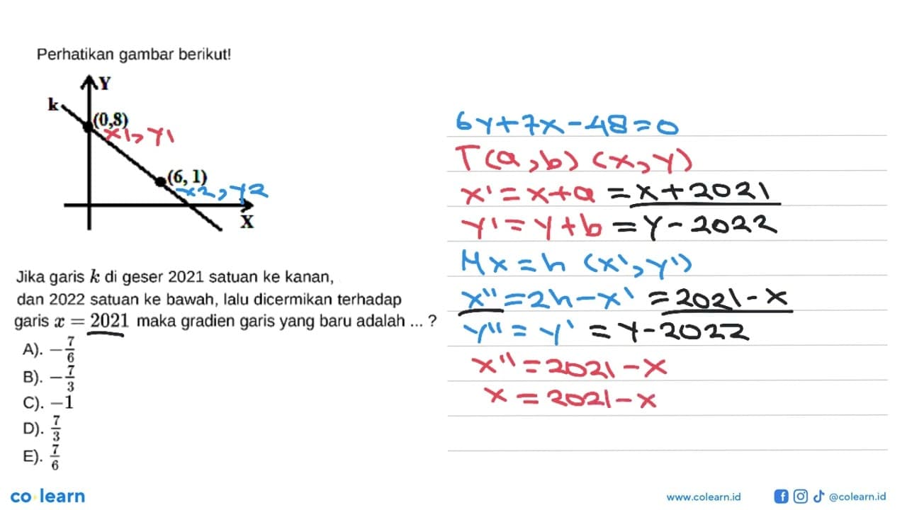 Perhatikan gambar berikut! k (0,8) (6,1) Jika garis k di