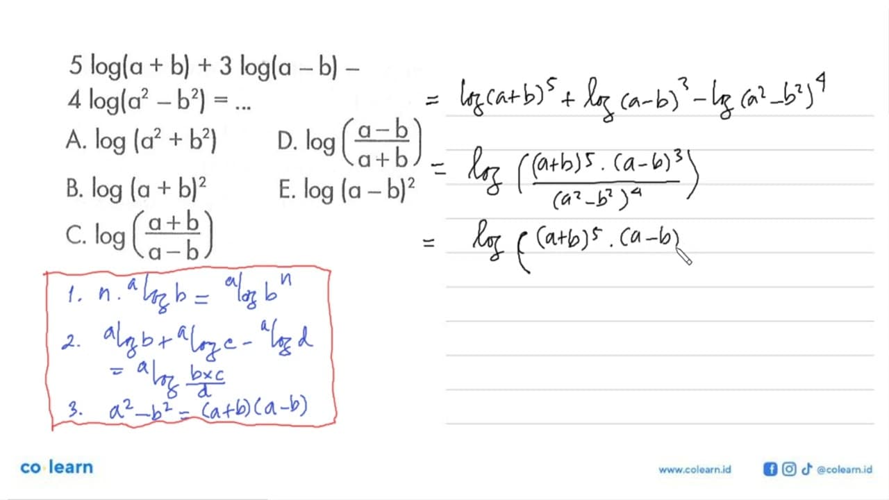 5log(a+b)+3log(a-b)-4log(a^2-b^2)=...