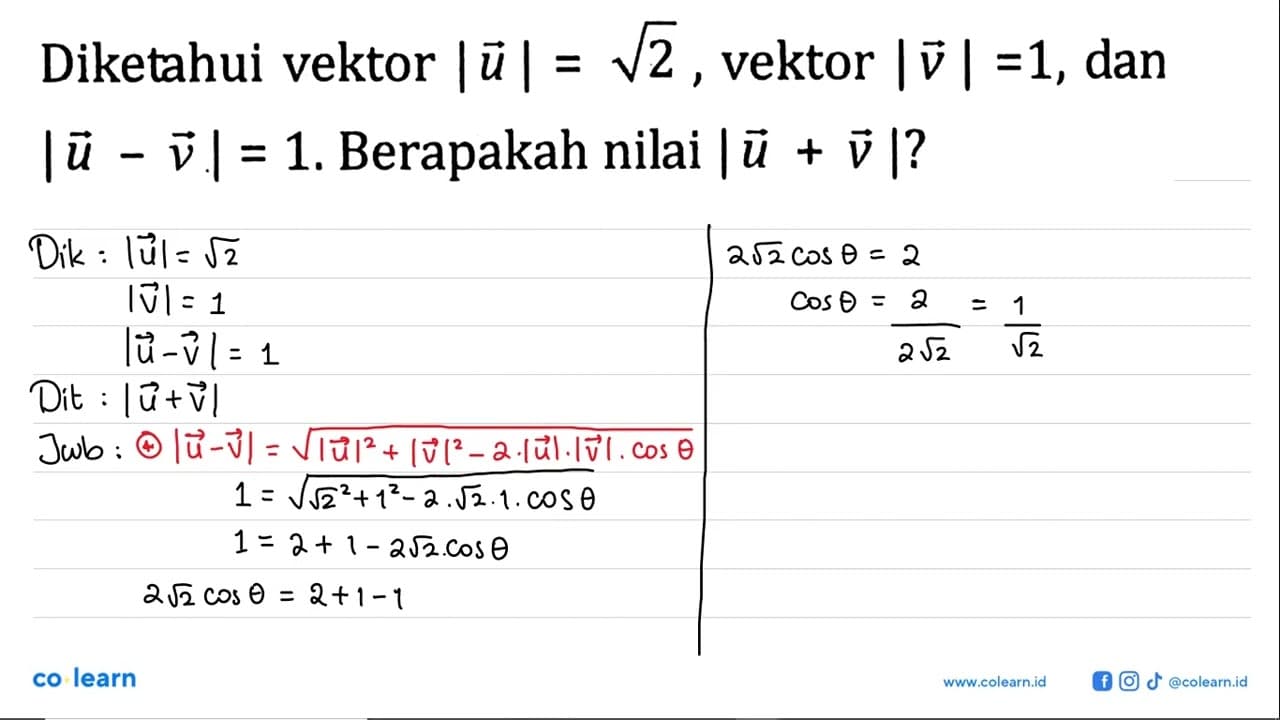 Diketahui vektor |u| = akar(2), vektor |v| = 1, dan |u - v|