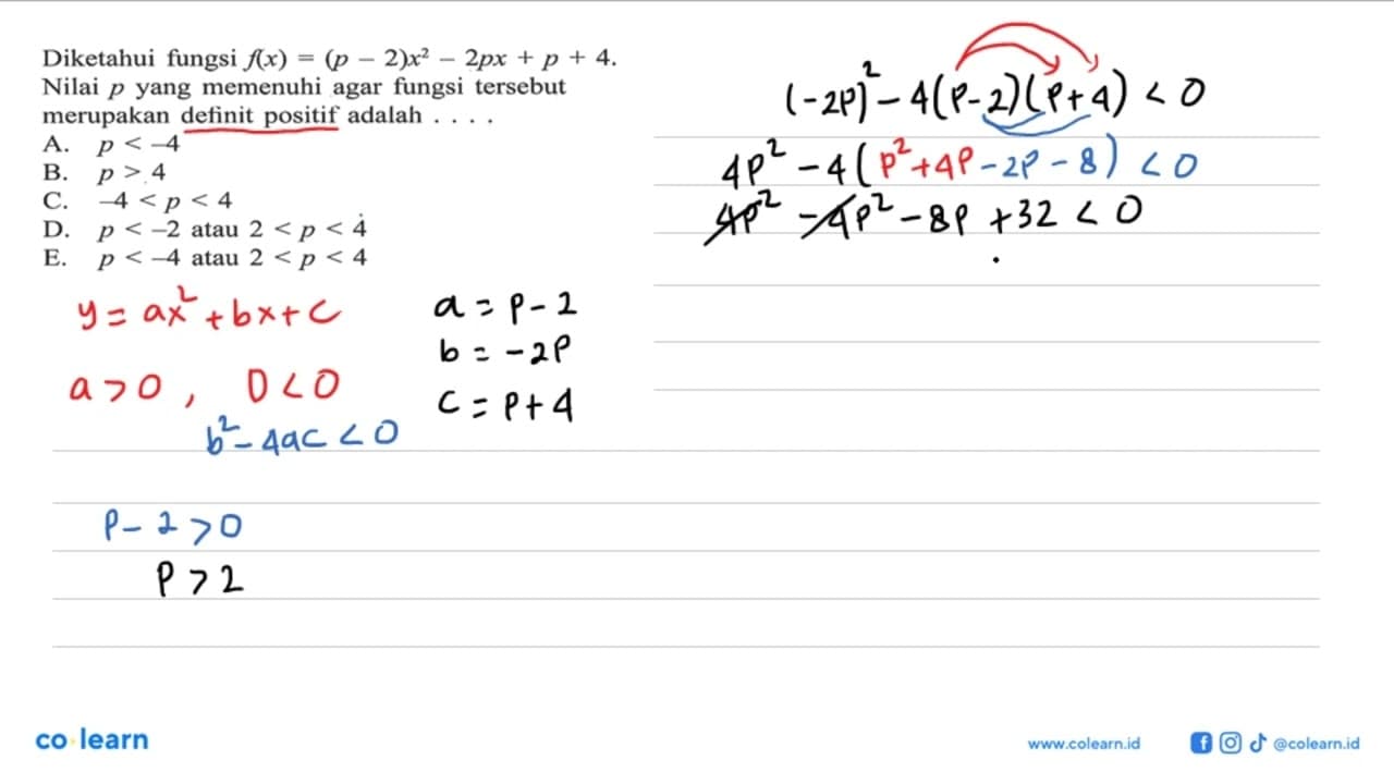 Diketahui dungsi f(x) = (p - 2)x^2 - 2px + p + 4. Nilai