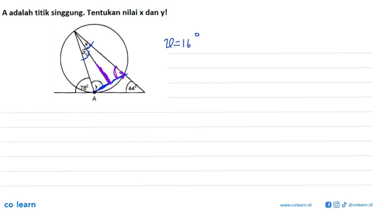 A adalah titik singgung. Tentukan nilai x dan y! x 70 y 78