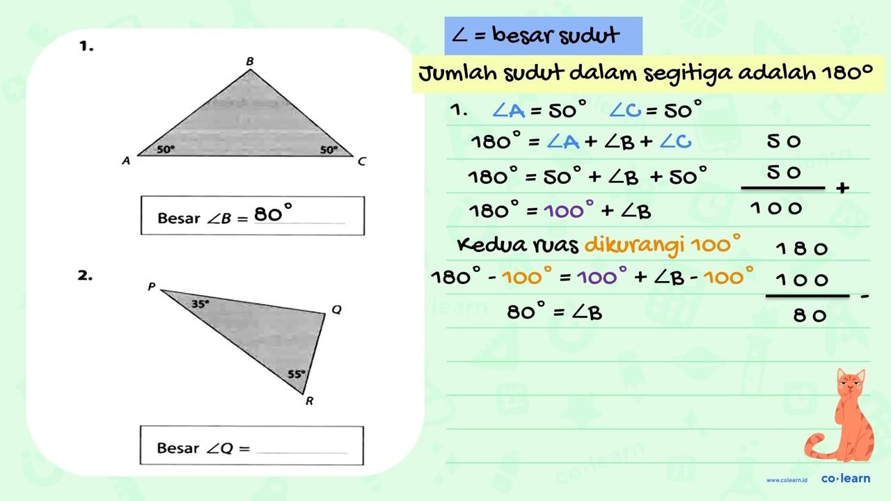 1. B A 50 C 50 Besar sudut B = .... 2. P 35 Q R 55 Besar