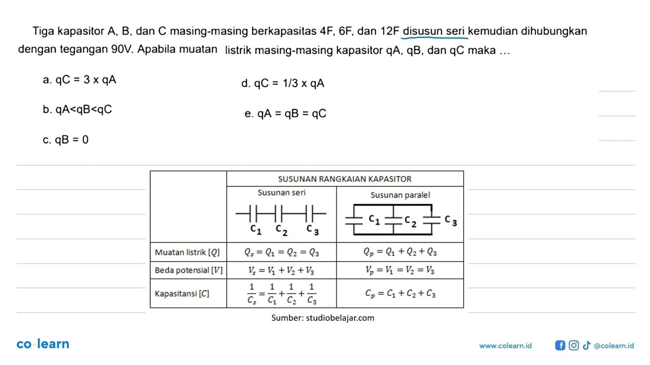 Tiga kapasitor A, B, dan C masing-masing berkapasitas 4F,