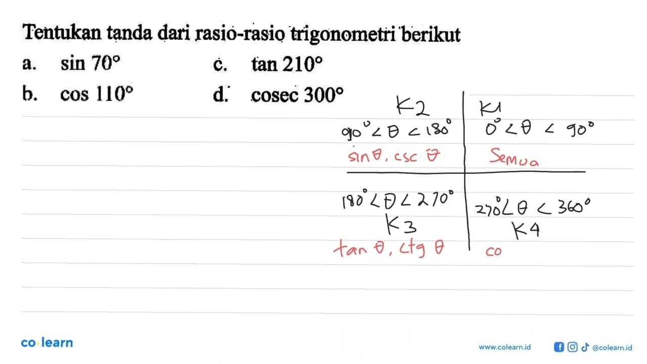 Tentukan tanda dari rasio-rasio trigonometri berikuta. sin