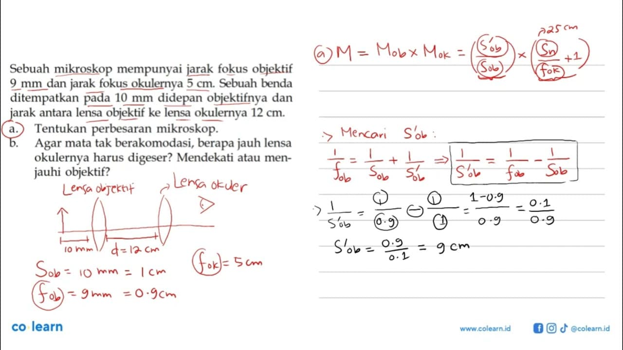 Sebuah mikroskop mempunyai jarak fokus objektif 9 mm dan