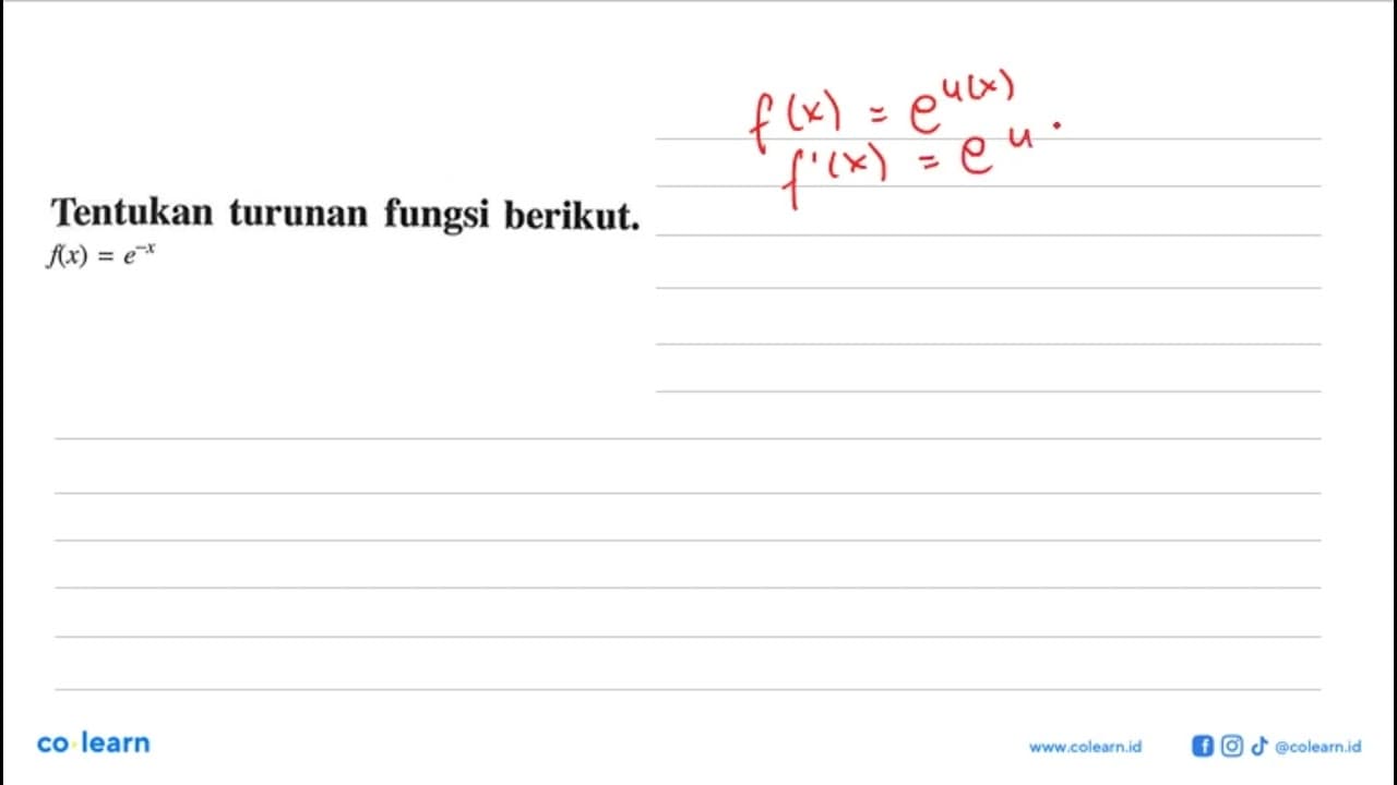 Tentukan turunan fungsi berikut. f(x)=e^(-x)