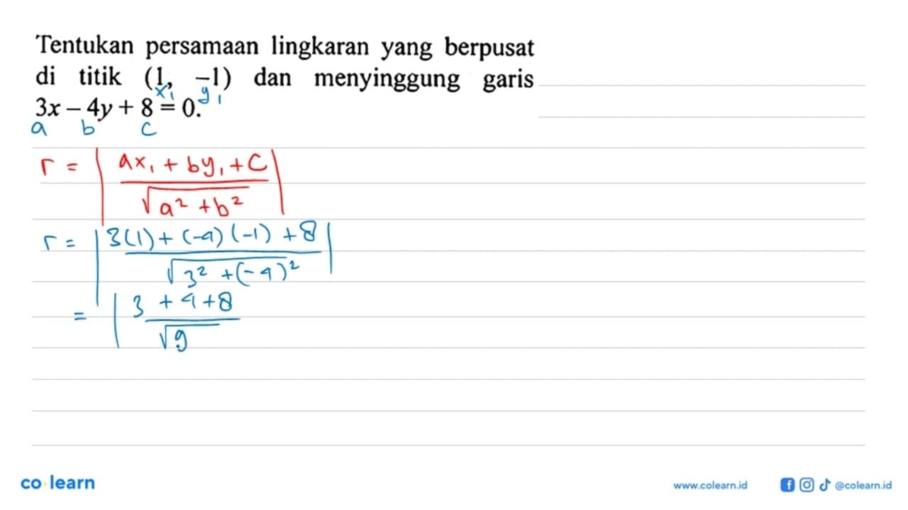 Tentukan persamaan lingkaran yang berpusat di titik (1,-1)