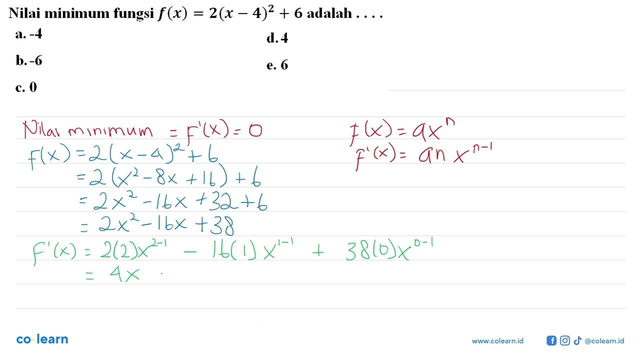 Nilai minimum fungsi f(x)=2(x-4)^2+6 adalah...