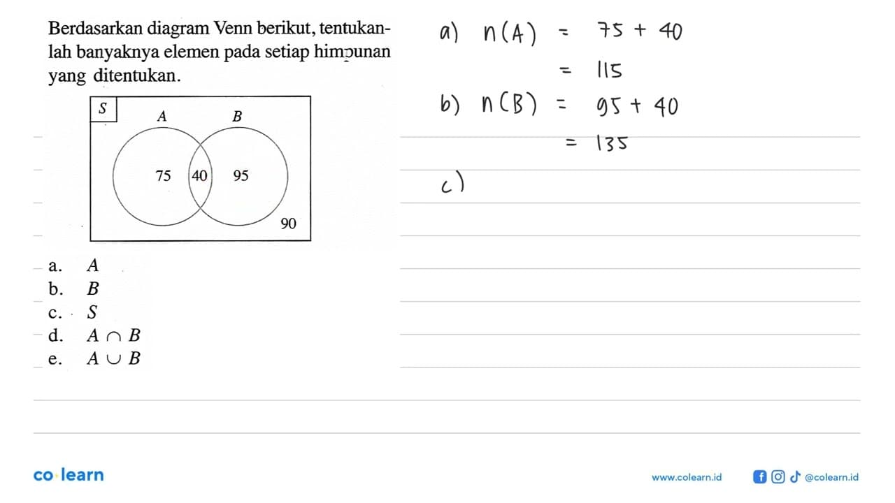 Berdasarkan diagram Venn berikut, tentukanlah banyaknya