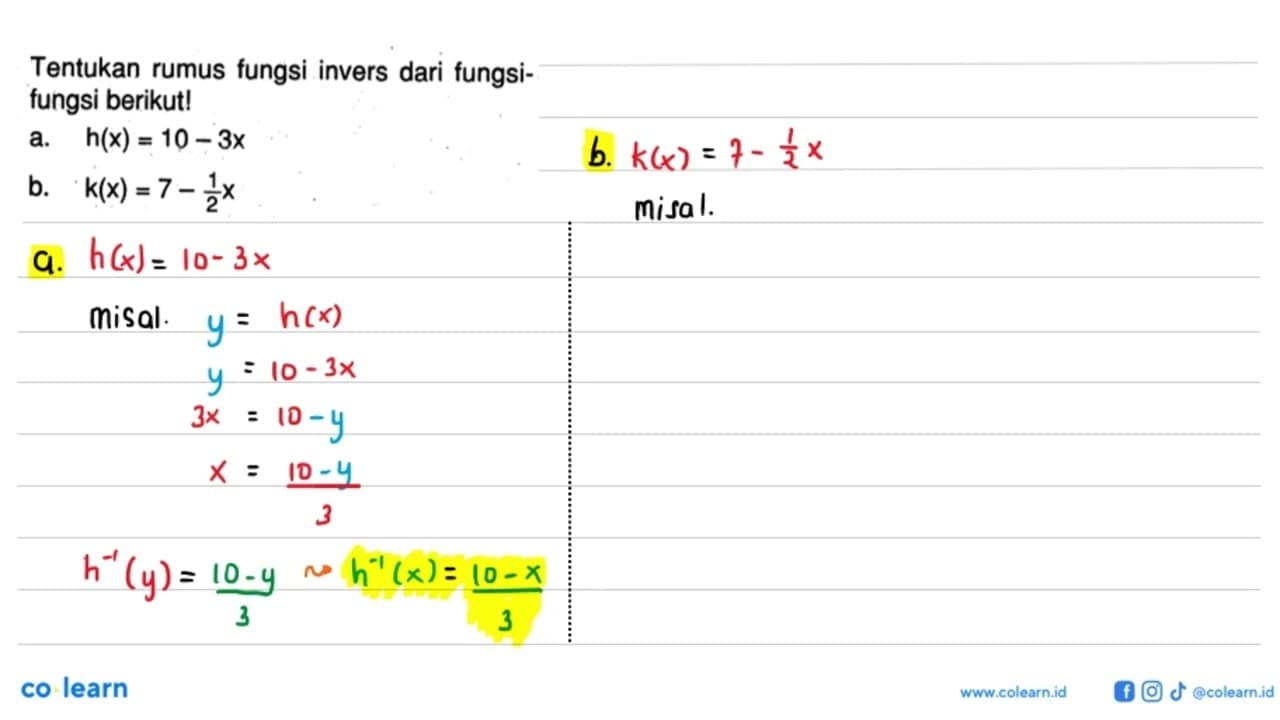 Tentukan rumus fungsi invers dari fungsifungsi berikut! a.