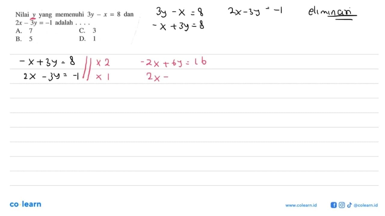 Nilai y yang memenuhi 3y - x = 8 dan 2x - 3y = -1 adalah