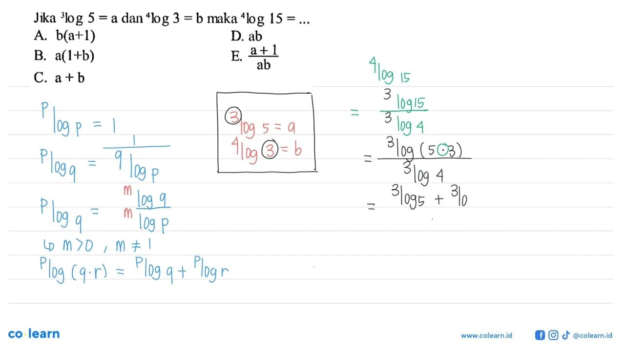 Jika 3log5=a dan 4log3=b maka 4log15=...