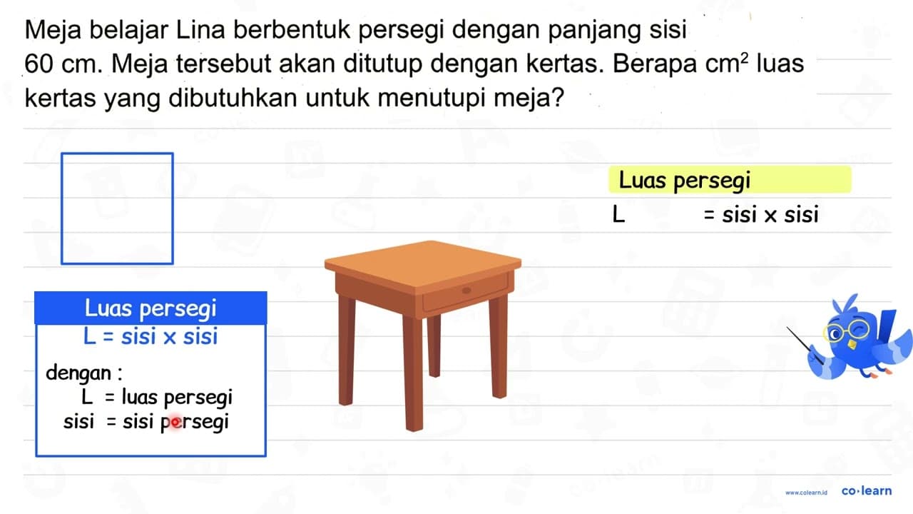 Meja belajar Lina berbentuk persegi dengan panjang sisi 60