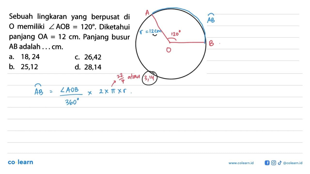 Sebuah lingkaran yang berpusat di O memiliki sudut AOB=120.
