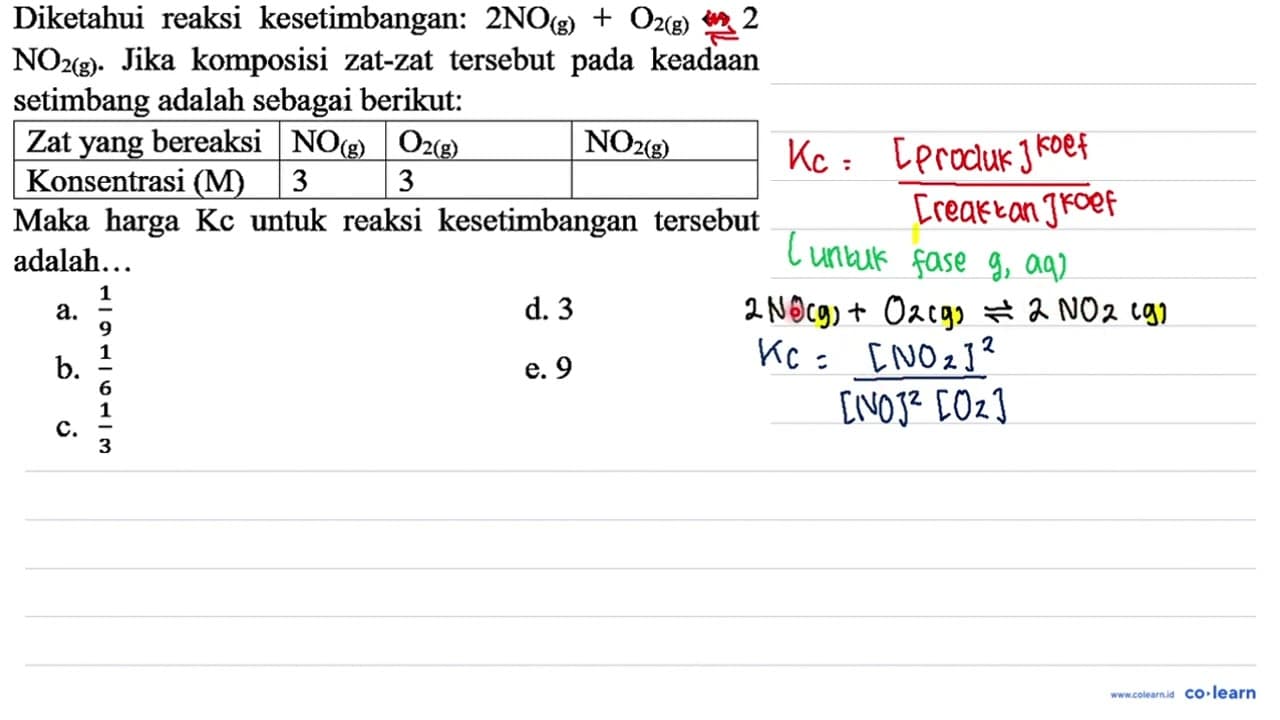 Diketahui reaksi kesetimbangan: 2 NO_((g))+O2(g)) <--> 2