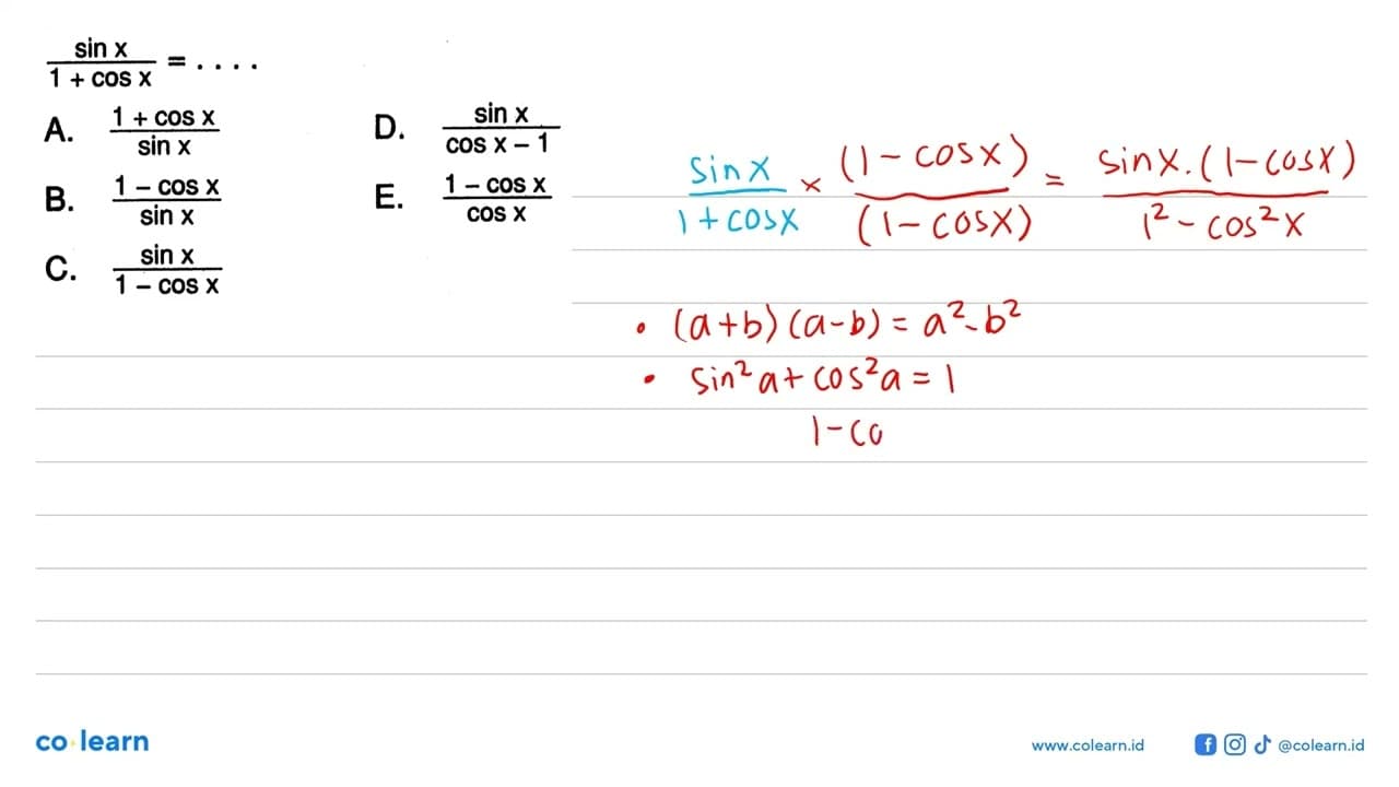 sin x/(1+cos x)=...