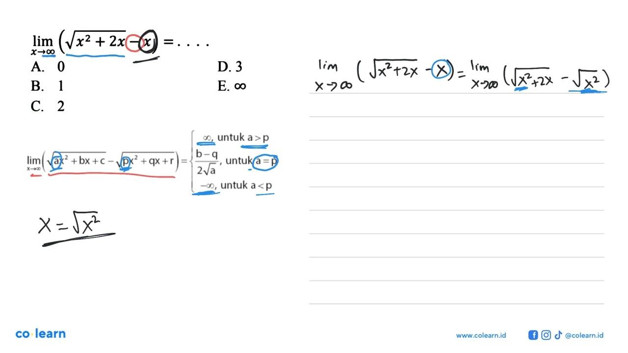 limit x mendekati tak hingga (akar(x^2+2x)-x)=....