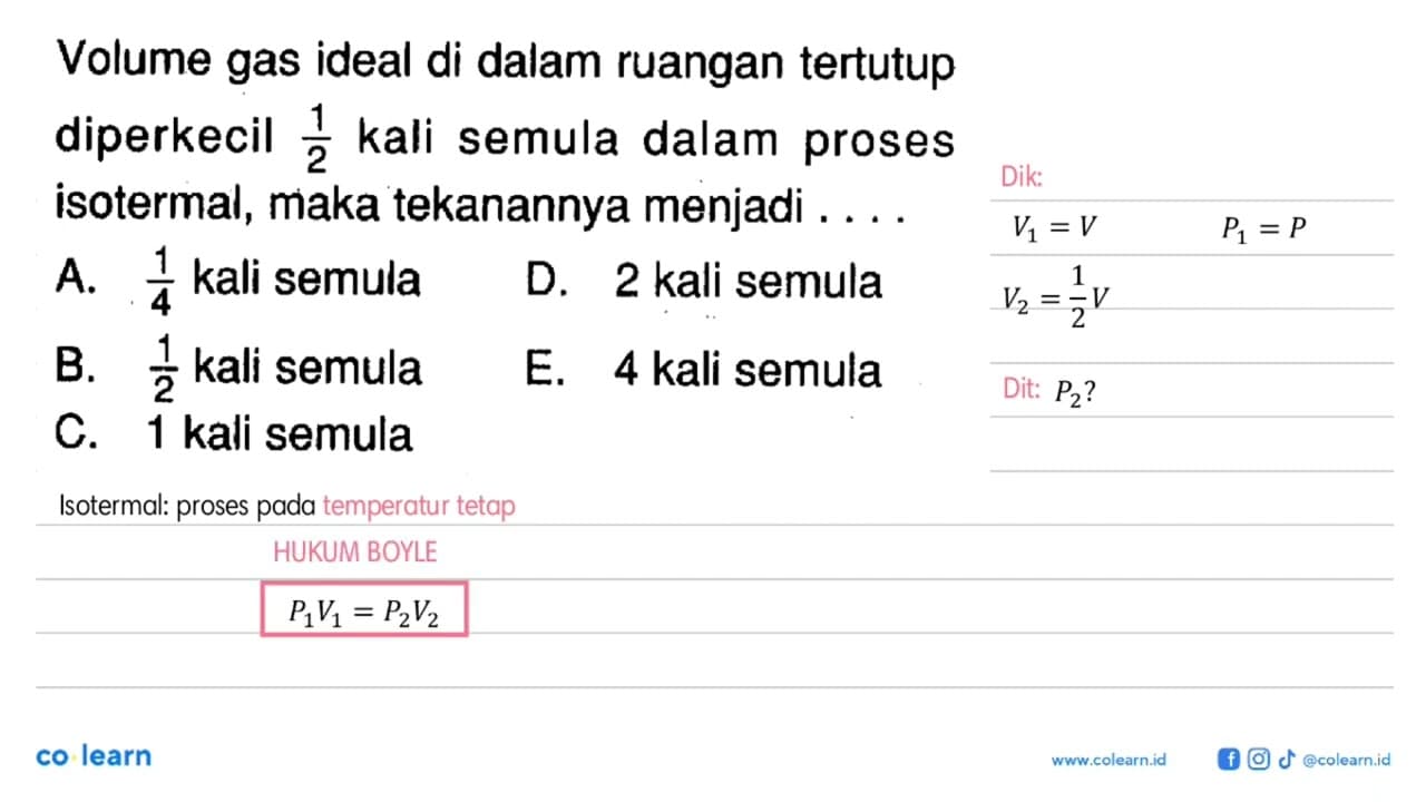 Volume gas ideal di dalam ruangan tertutup diperkecil 1/2