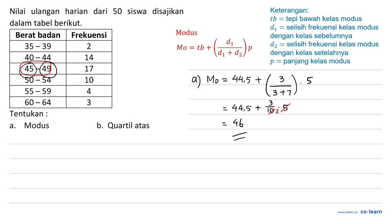 Nilai ulangan harian dari 50 siswa disajikan dalam tabel