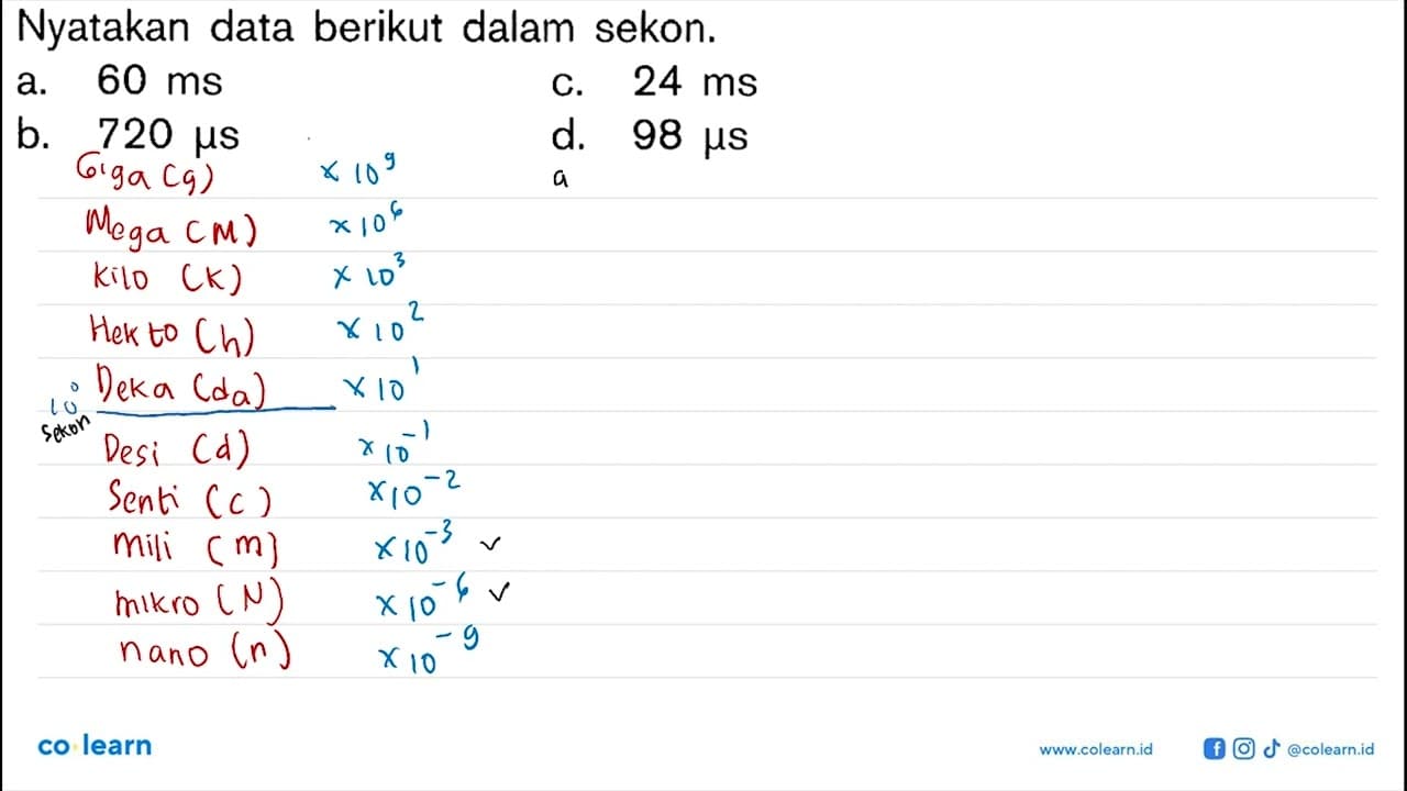 Nyatakan data berikut dalam sekon. a. 60 ms c. 24 ms b. 720