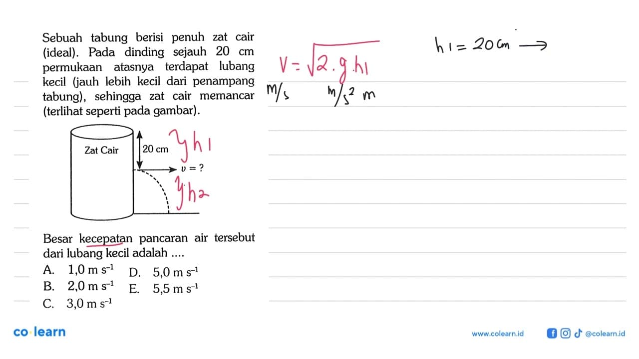 Sebuah tabung berisi penuh zat cair (ideal). Pada dinding