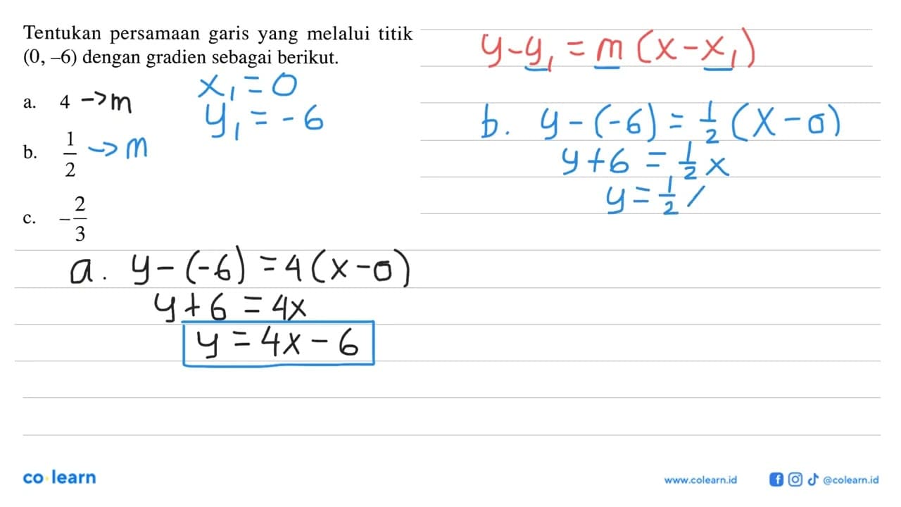 Tentukan persamaan garis yang melalui titik (0, -6) dengan