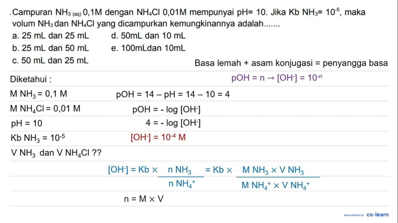 Campuran NH3 (aq) 0,1 M dengan NH4 Cl 0,01 M mempunyai