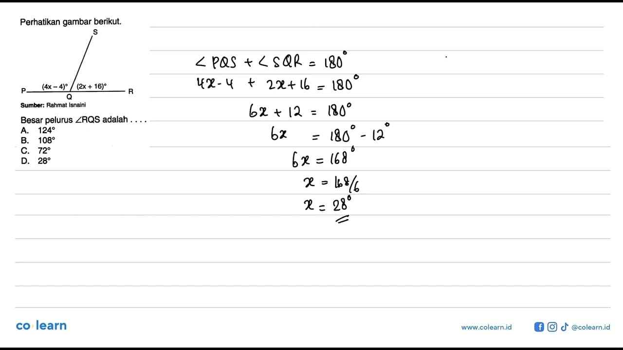 Perhatikan gambar berikut. S P (4x-4) Q (2x+16) R Sumber: