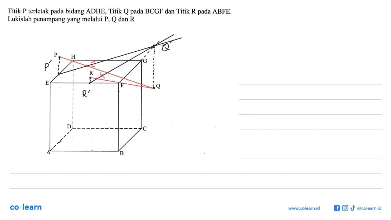 Titik P terletak pada bidang ADHE, Titik Q pada BCGF dan