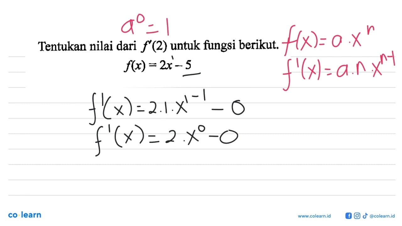 Tentukan nilai dari f'(2) untuk fungsi berikut. f(x)=2x-5