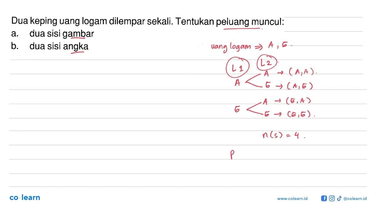 Dua keping uang logam dilempar sekali. Tentukan peluang