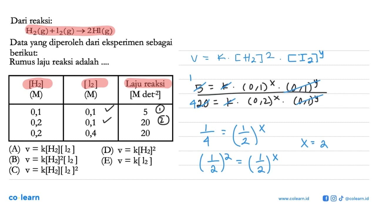 Dari reaksi: H2(g)+12(g) -> 2 Hl(g) Data yang diperoleh