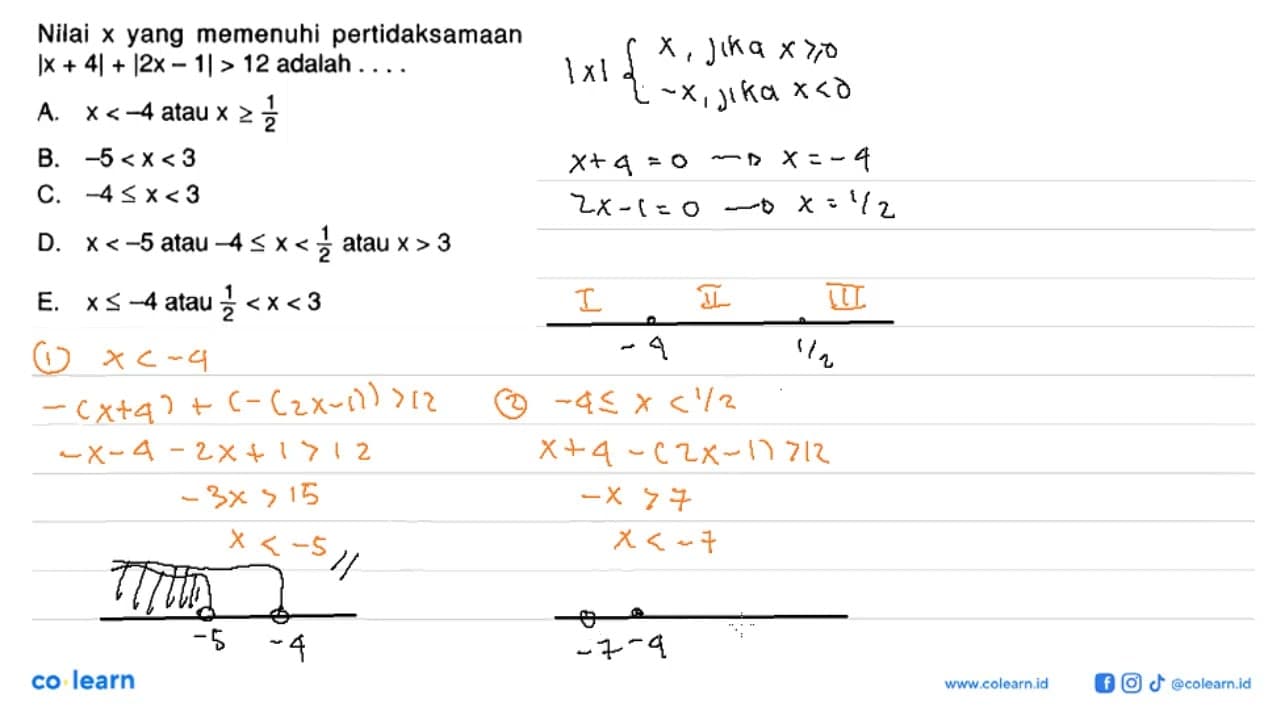 Nilai x yang memenuhi pertidaksamaan |x+4|+|2x-1|>12