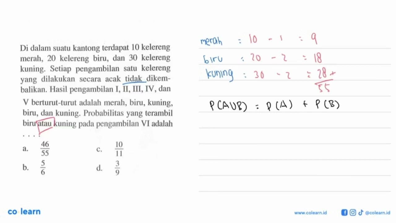 Di dalam suatu kantong terdapat 10 kelereng merah, 20