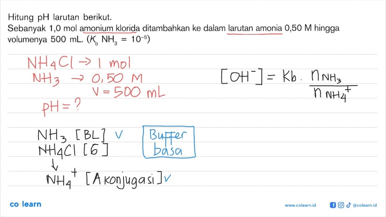 Hitung pH larutan berikut. Sebanyak 1,0 mol amonium klorida