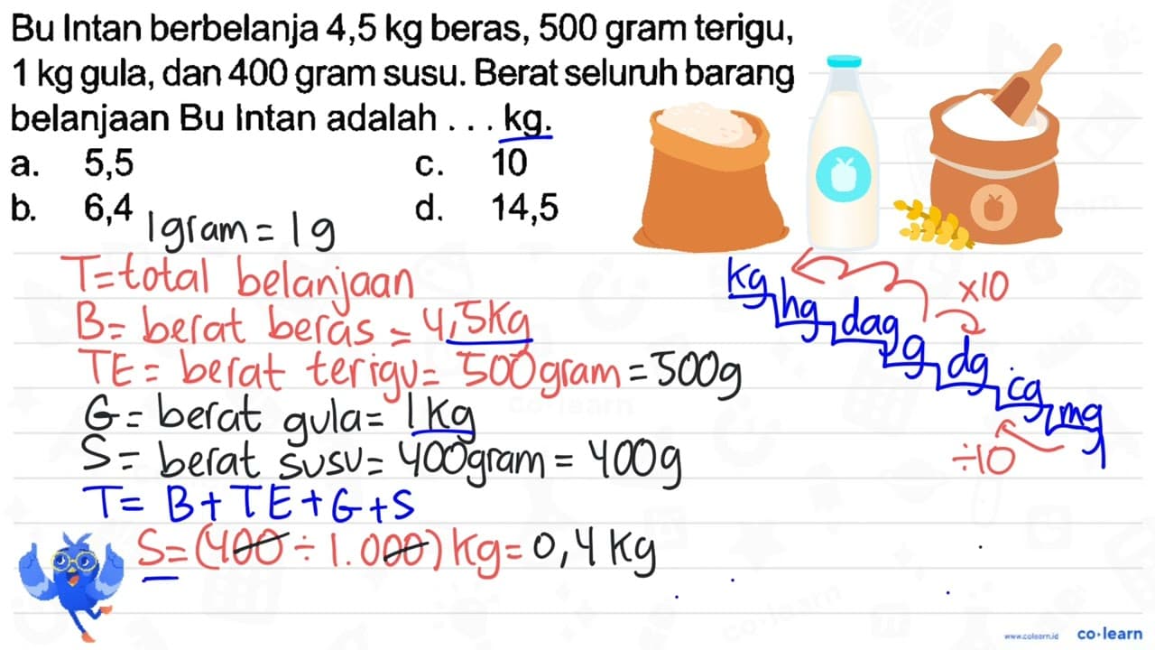 Bu Intan berbelanja 4,5 kg beras, 500 gram terigu, 1 kg