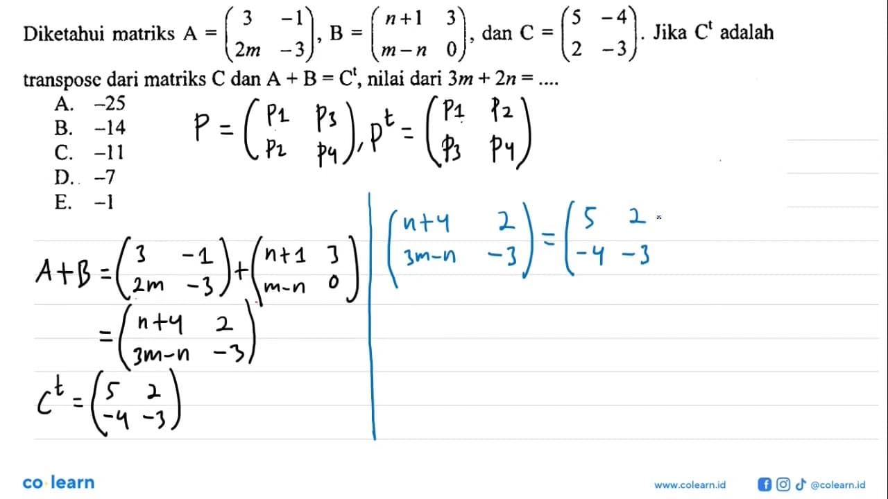 Diketahui matriks A=(3 -1 2m -3), B=(n+1 3 m-n 0), dan C=(5