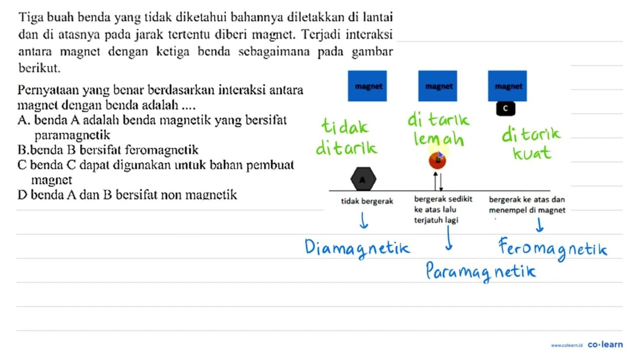 Tiga buah benda yang tidak diketahui bahannya diletakkan di