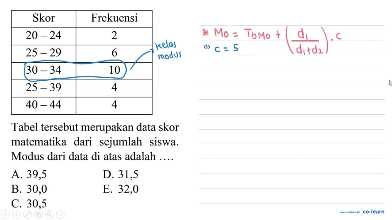 Skor Frekuensi 20-24 2 25-29 6 30-34 10 25-39 4 40-44 4